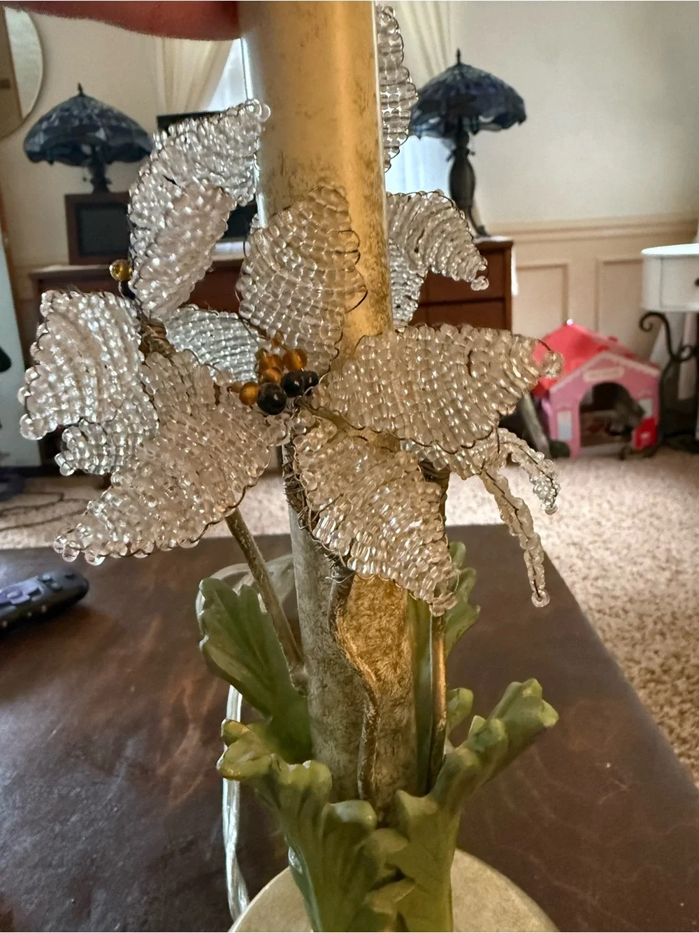 Vintage-style Beaded Flower Table Lamp - Silver and Green Hollywood recently